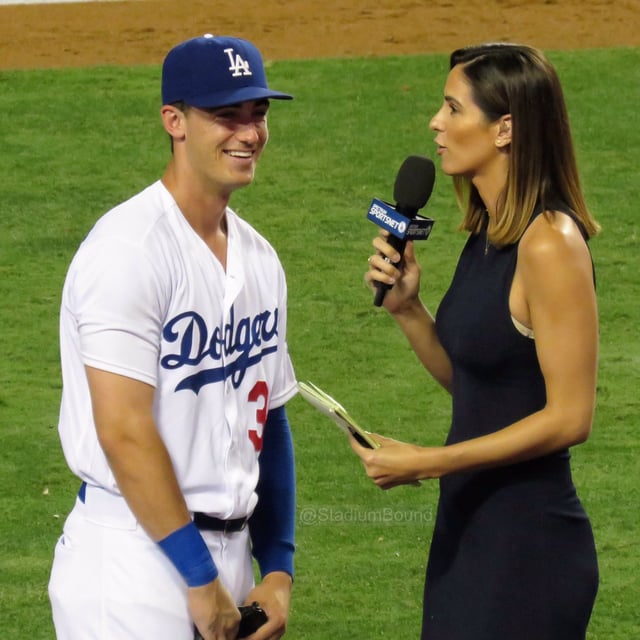 Tennant interviewing Dodgers player Cody Bellinger