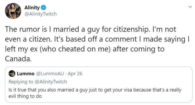 Alinity commented on rumours about marrying a person for citizenship