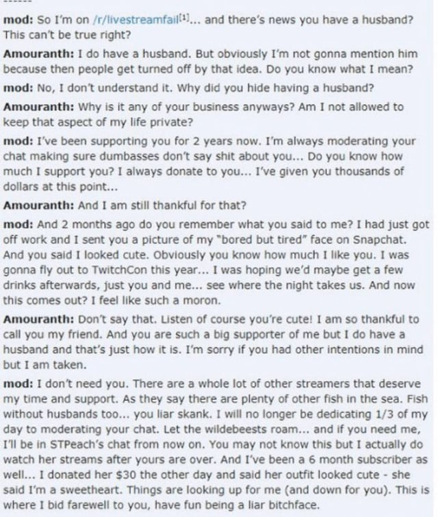A supposed screenshot of a conversation between Amouranth and one of her Twitch moderators, which was posted on Reddit.