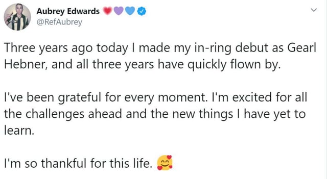 Edwards's tweet celebrating 3 years as a referee