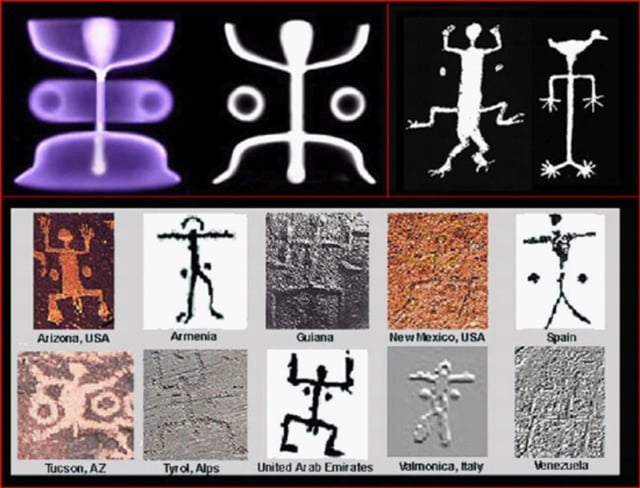 Anthony Peratt, a plasma research physicist at the Los Alamos National Laboratory, has noted the extraordinary similarity between “squatter man”(see illustration) petroglyphs and his laboratory plasma beam instabilities.