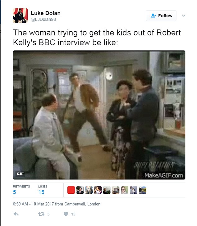 Robert Kelly meme alluding to Seinfeld"The woman trying to get the kids out of Robert Kelly's BBC interview like..."