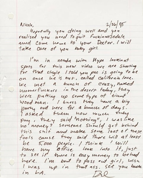 Dr. Dre's letter to his girlfriend Nicole about what would eventually be the set for "California Love"