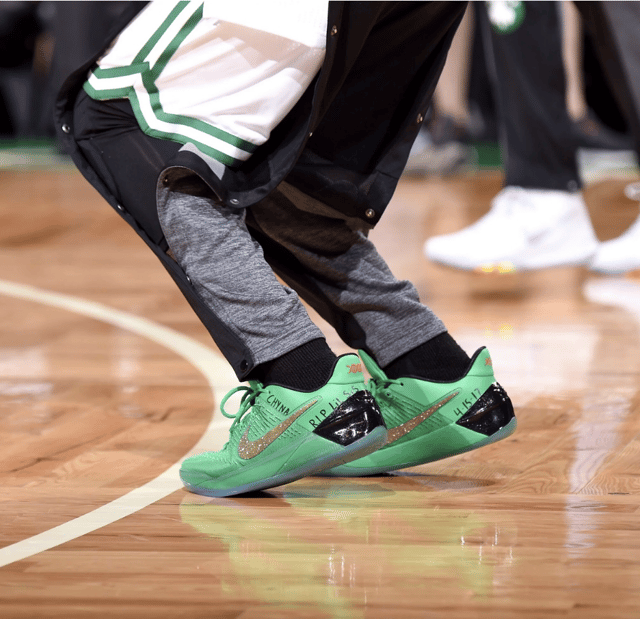 Isaiah Thomas writes "R.I.P. Lil Sis" and the date of his sister's death on his shoes for the game against Chicago Bulls on April 16th, 2017.