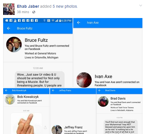 Ehab Jaber's Facebook post of 5 people who inbox messaged him criticizing his viral video and Islam