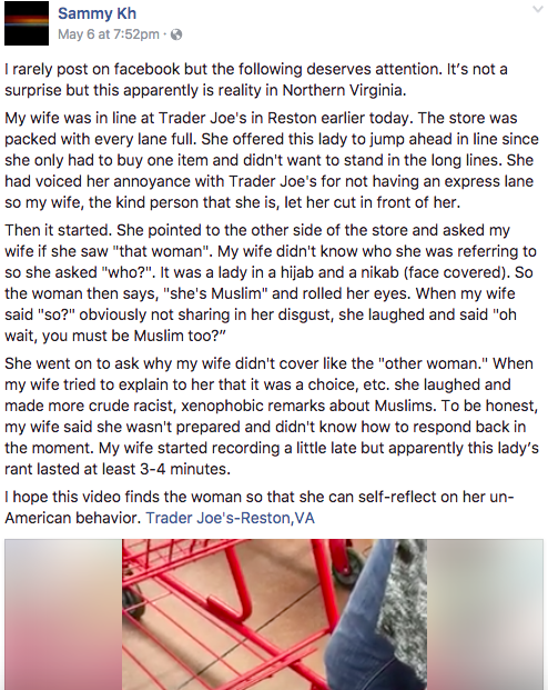 Facebook post by the Muslim woman's husband