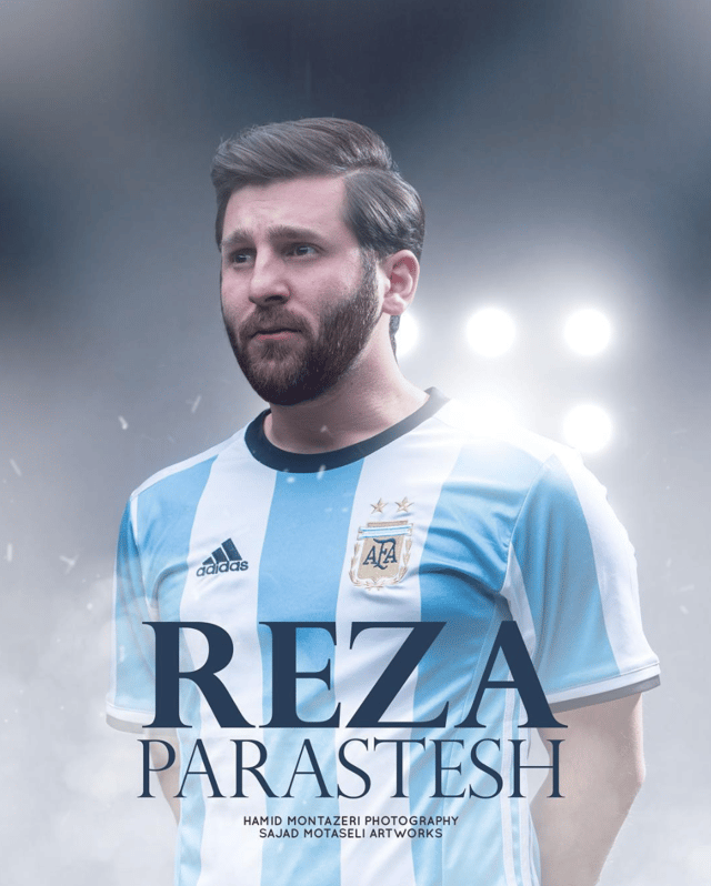 Studio photo of Reza poring as if Lionel Messi standing for the Argentinian national anthem.