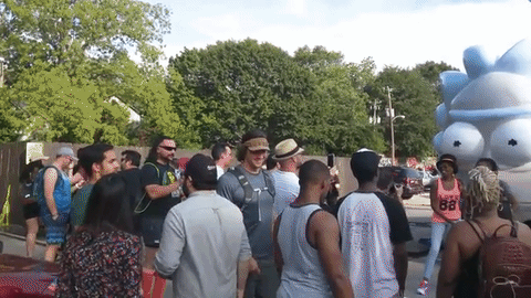 People in line for the Rickmobile