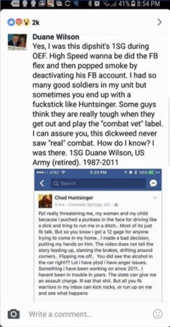 Facebook post of what Chad's 1st Sergeant said about him on one of the comment threads about the incident.