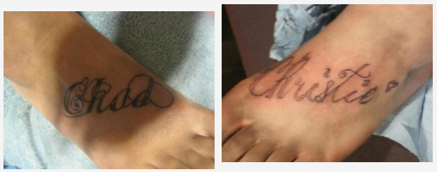 Photo of Chad Huntsinger and his wife Christie's matching foot tattoos