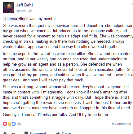Memorial Facebook post by co-worker and friend Jeff Dahl who looked at Theresa as a mentor