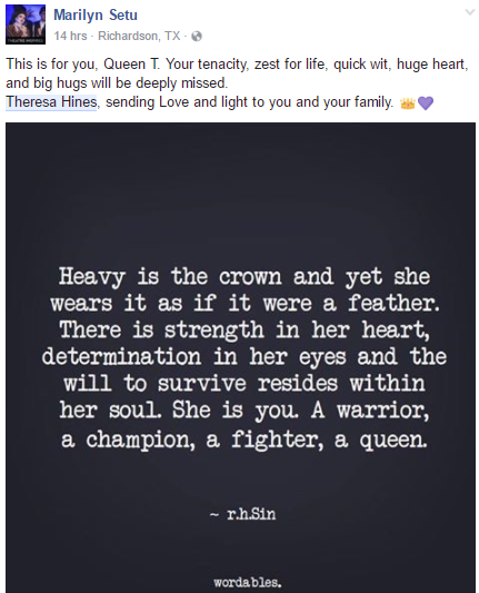 Memorial post by Theresa's friend Marilyn Setu on Facebook