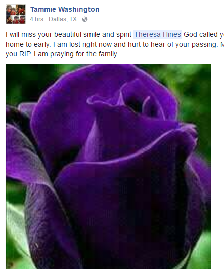 Memorial Facebook post by Theresa's friend Tammi Washington