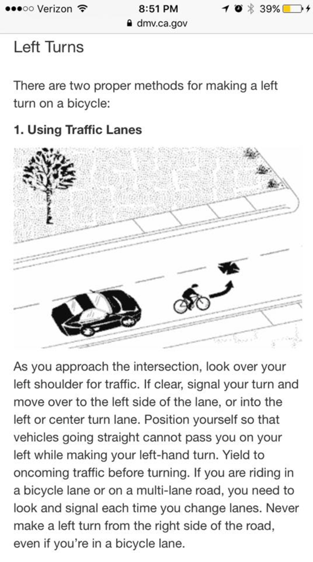 Image of the DMV rule of how to make the left turn as a cyclist.