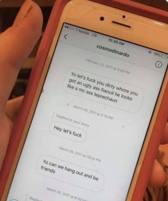 Screenshot of the Direct Message sent by Cosmo DiNardo to Timothy's Girlfriend.