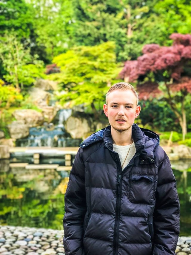 Richard at the waterfall in Kyoto Garden/London