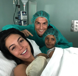 Photo of Georgina Rodriguez with both Ronaldos at the hospital room after giving birth to Alana.