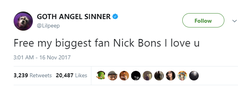Lil Peep's last tweet before he died: "Free my biggest fan Nick Bons I love u." (November 16, 2017)