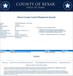 Screenshot of Yuttana Choochongkol arrest record in the Bexar County Central Magistrate database