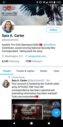 Screenshot of Sara Carter's Twitter page after it was hacked by Turkish nationalists
