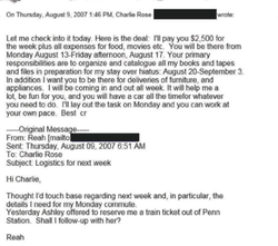 Screenshot of Reah Bravo's email exchange with Charlie Rose.