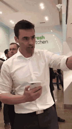 GIF of Aaron M. Schlossberg during the moments when he's arguing with management about a Latino worker speaking Spanish.