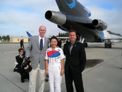NASA Astronaut Daniel T. Barry, KARI Astronaut Soyeon Yi and NASA-trained Commercial Astronaut Christopher Altman disembark G-Force One following a parabolic flight at NASA Ames Research Center. Altman and Yi are now both active commercial scientist-astronauts with the Association of Spaceflight Professionals.