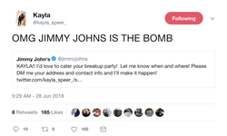 Tweet by Kayla Speer celebrating Jimmy John's for their help.