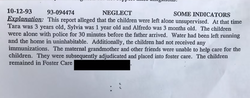Part of a police report that states that Prettyboyfredo was left neglected by his parents (October 12, 1993)