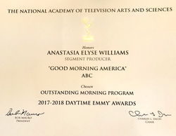 Screenshot of the Certificate Anastasia Williams received for winning an Outstanding Morning Program Daytime Emmy Award as part of the Good Morning America team.