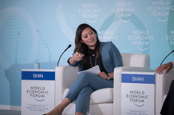 Sally Shin speaking on a panel at the 2018 World Economic Forum.