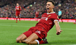 Alexander-Arnold celebrates scoring a Liverpool goal