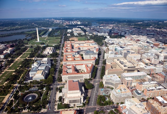 Federal Triangle on Pennsylvania Avenue; the U.S. federal government accounts for about 29% of D.C. jobs