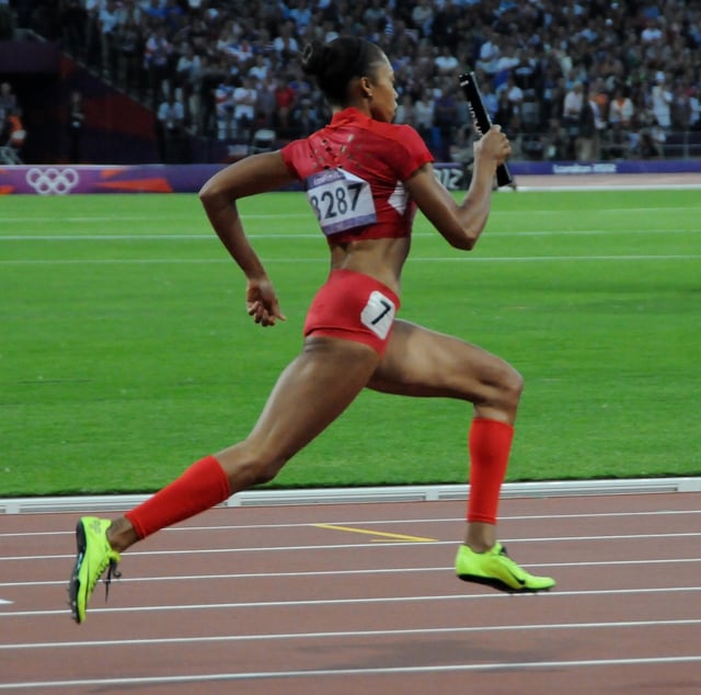 Felix running second leg in 4 × 400 relay, Olympic games, London 2012
