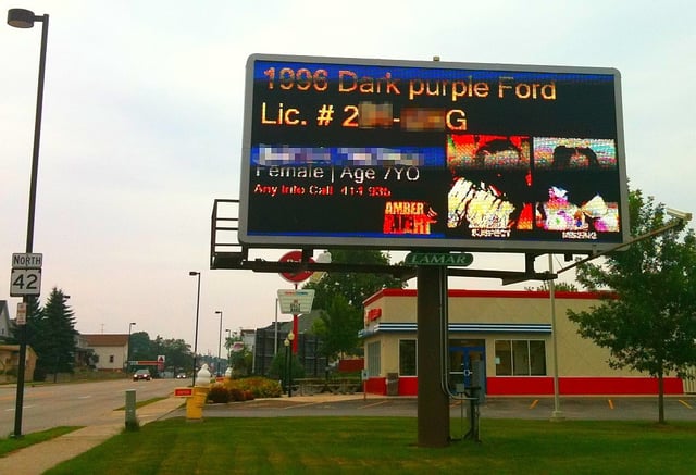 An example of a July 2010 Amber Alert from Milwaukee, Wisconsin, where electronic LED billboards, such as this one in Sheboygan, Wisconsin owned by Lamar, are used to relay details of the incident to the public.