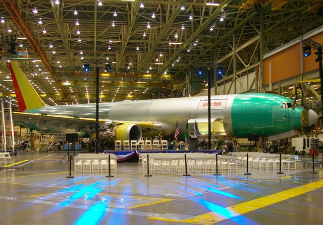 Final assembly of a 767-300F at Boeing's Everett factory, which was expanded for 767 production in 1978