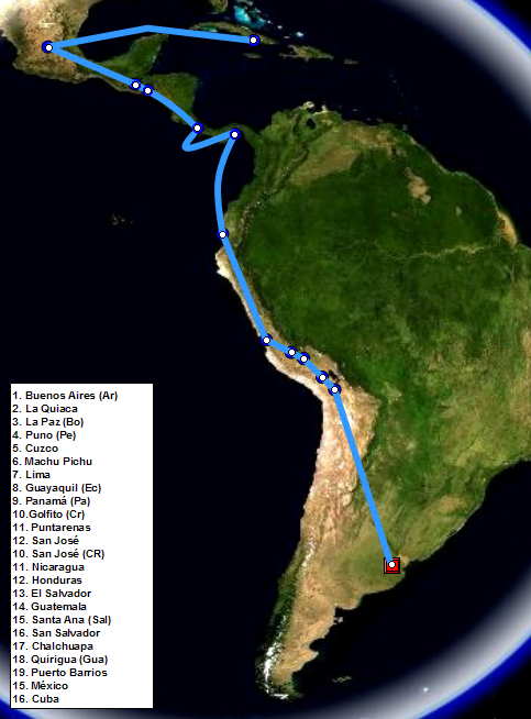 A map of Che Guevara's travels between 1953 and 1956, including his journey aboard the Granma