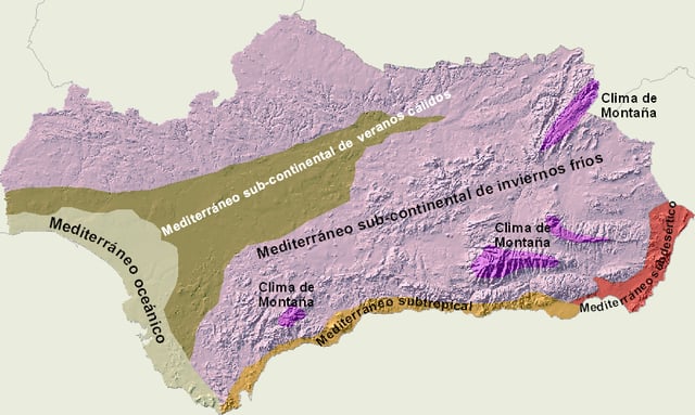 Locations of the principal Andalusian climate types.