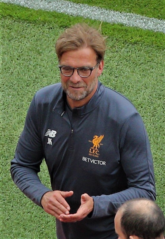 Klopp after winning against Middlesbrough on the final day of the 2016–17 season to secure fourth in the league.