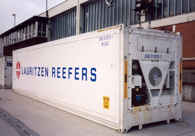 Forty foot High-cube actively refrigerated container – refrigerating equipment visible on the front end.