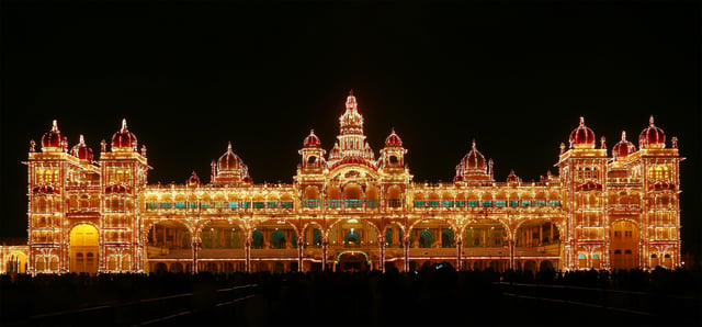 Mysore Palace in the evening, the official residence and seat of the Wodeyar dynasty, the rulers of Mysore of the Mysore Kingdom, the royal family of Mysore.