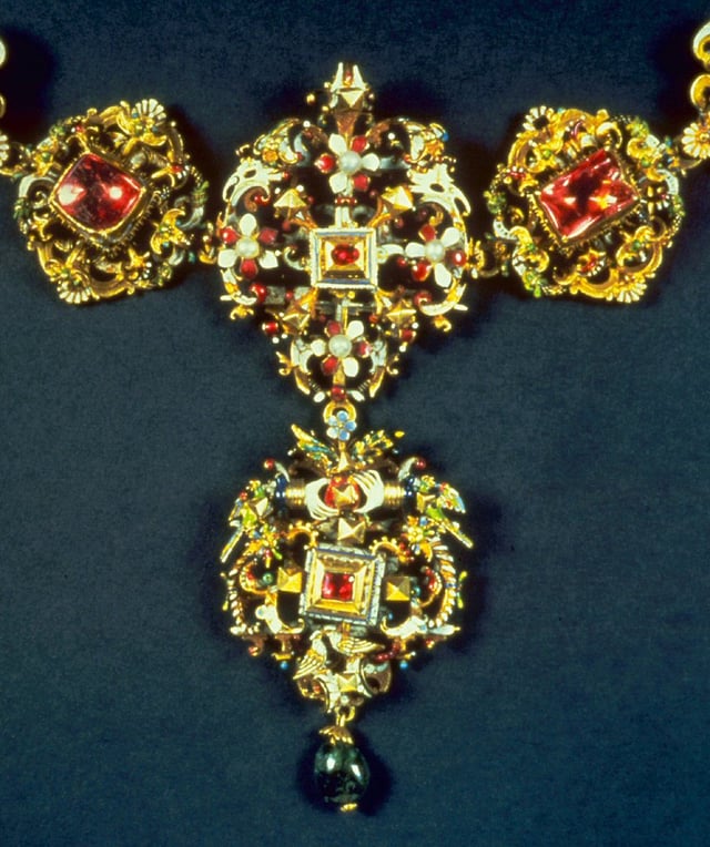 This jeweled wedding collar (incomplete) was reputedly worn by Miklós Esterházy (aka. Nikolaus Esterházy), at his wedding in 1611. The Walters Art Museum.