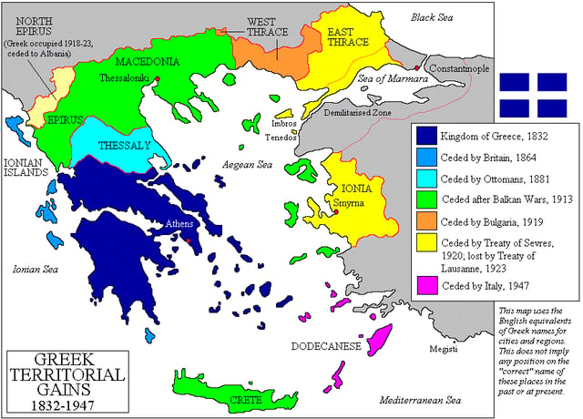 The territorial evolution of the Kingdom of Greece from 1832 to 1947.