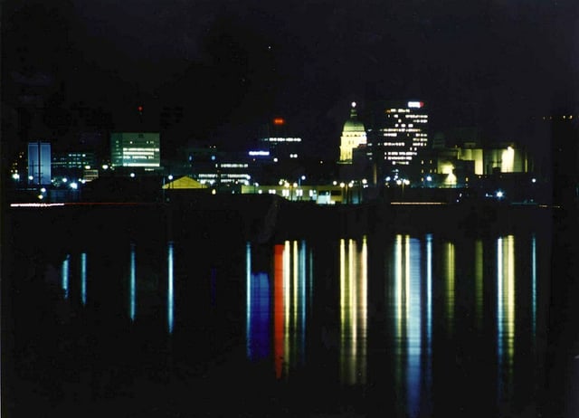 Downtown Topeka skyline at night from the Kansas River (2005)