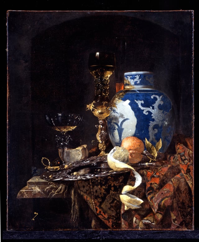 Still Life with a Chinese Porcelain Jar, by Dutch Golden Age painter Willem Kalf (c. 1660s). 17th-century Chinese export porcelain wares (imported by the VOC) are often depicted in many Dutch Golden Age genre and still-life paintings.