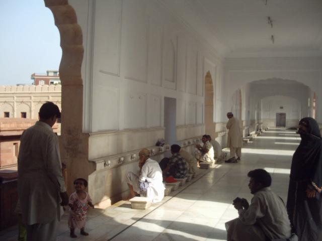 The wudu ("ablution") area, where Muslims wash their hands, forearm, face and feet before they pray. Example from the Badshahi Mosque, Lahore, Pakistan