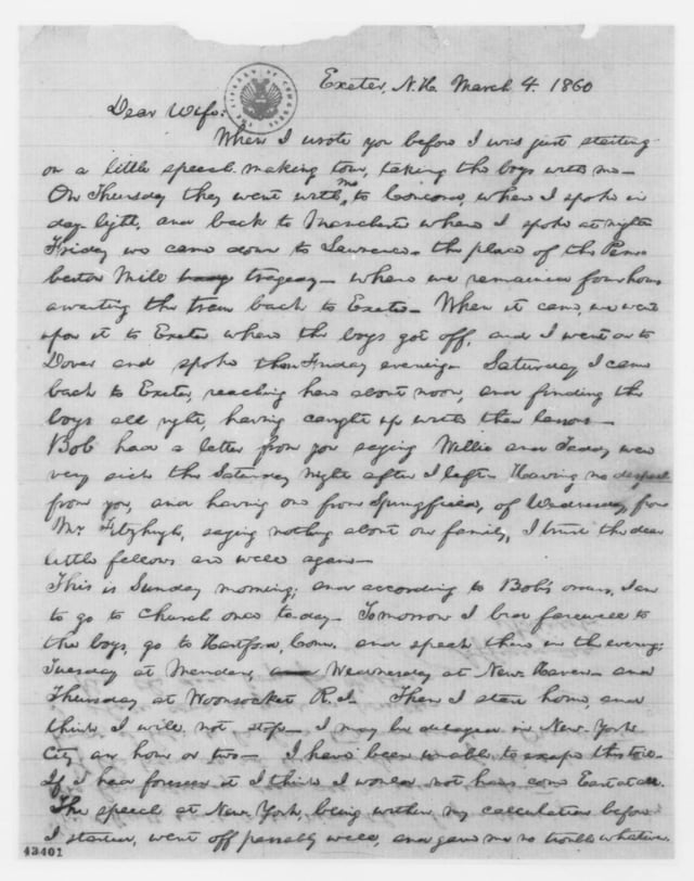 Letter from President Abraham Lincoln to Mary Todd Lincoln, written from Exeter, where Lincoln was visiting son Robert Todd Lincoln, then an Exeter student. March 1860