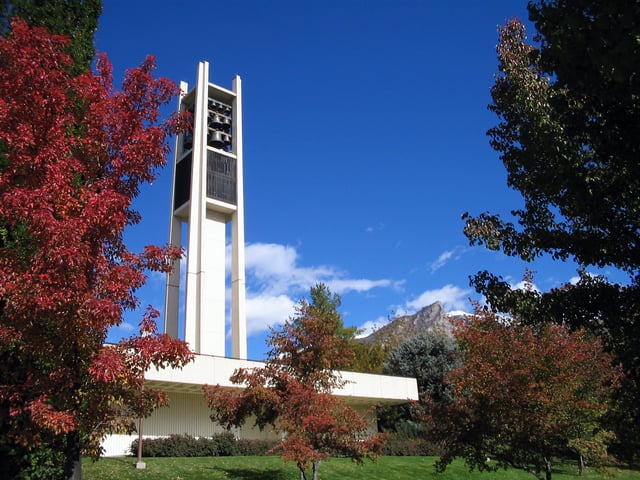 The carillon tower at Brigham Young University, one of several educational institutions sponsored by the church