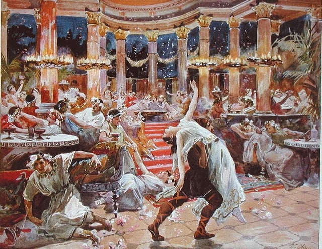 Banquet in Nero's Palace, an illustration from a 1910 print of Quo Vadis, a historical novel written by Nobel Prize laureate Henryk Sienkiewicz