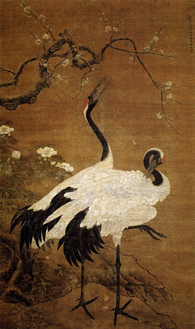 Snow Plums and Twin Cranes by Bian Jingzhao (c. 1355–1428). Located at the Guangdong Museum.